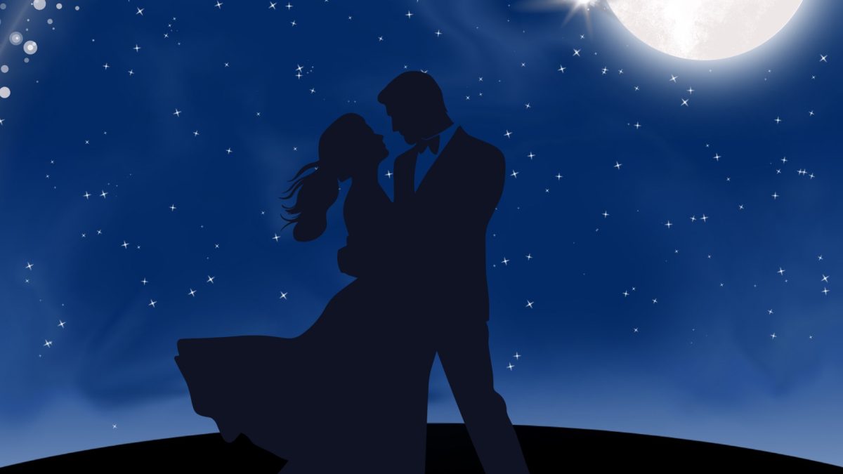 A graphic showcasing two shadows dancing under a starry night. 